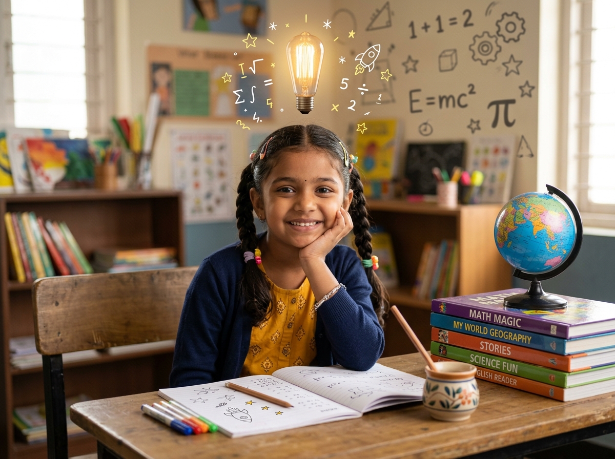 Young smiling school girl dreaming of math possibilities with books and globe